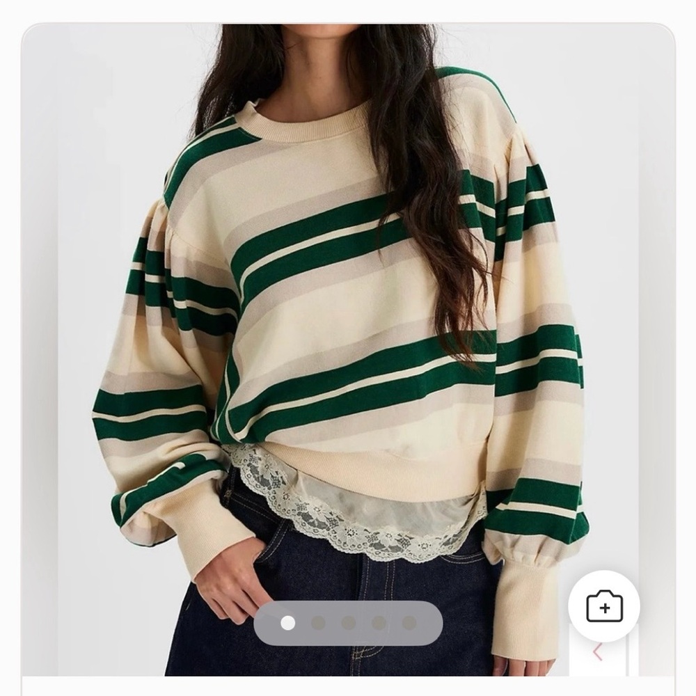 Free People Green and Cream Striped Sweatshirt NWT
